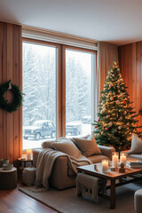 Cozy Christmas Living Room with Snowy View