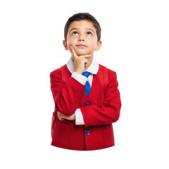 A young boy wearing a red blazer and blue tie pondering deeply with his finger on his chin isolated on transparent background