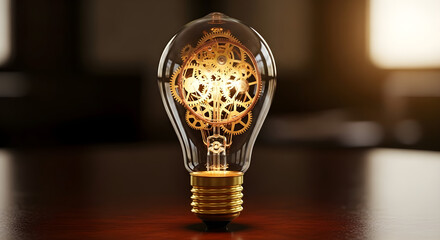 A glowing light bulb filled with intricate golden gears, symbolizing the fusion of creativity, engineering, innovation, and the mechanical process behind the birth of bright new ideas and inventions.
