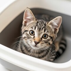 Adorable tabby kitten peeking out of its litter box with curious big eyes