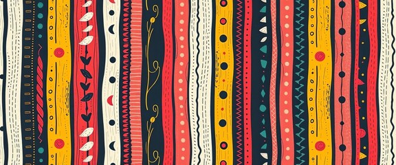 Whimsical hand-drawn seamless pattern with textured vertical lines, zigzags, curves, dots & tribal motifs, stylish, fabric