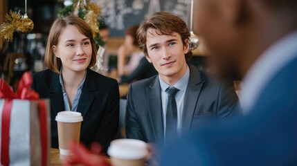 Professional Business Meeting in a Festive Coffee Shop Setting with Gift Exchange