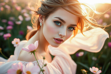 Beautiful Woman in a Field of Flowers