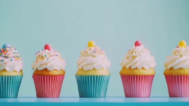 Row of cupcakes with white frosting and sprinkles