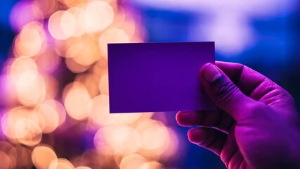 Hand holding blank purple card