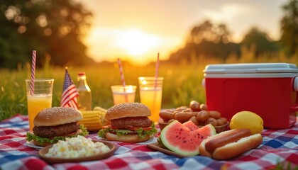 Picnic spread with burgers, hot dogs, watermelon, and lemonade set on a checkered blanket during sunset. A red cooler sits nearby. Enjoying summer outdoor cookout with patriotic American flag.
