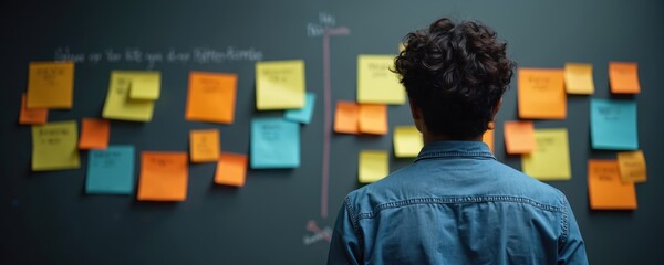 Person stands in front of wall covered with colorful sticky notes, reflecting on ideas, tasks. Scene represents goal setting, strategic planning, creative business solutions, project management,