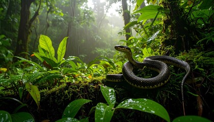 A snake in a lush, misty rainforest