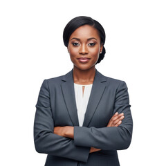 Professional african american woman in a dark suit with arms crossed confidently isolated on transparent background