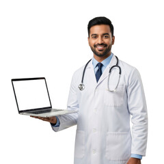 Smiling indian medical professional wearing a white lab coat and stethoscope holding a laptop isolated on transparent background