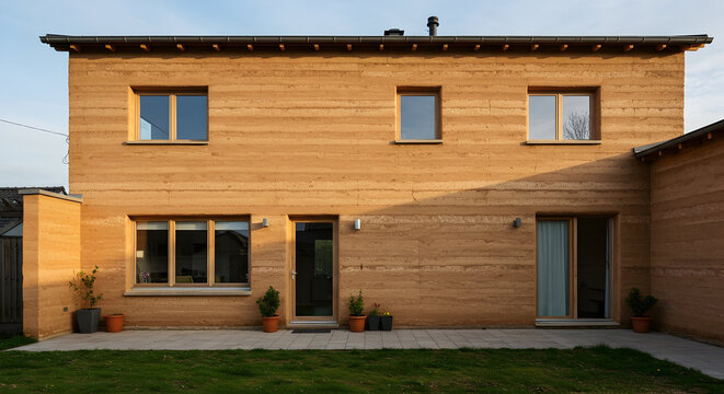 A house with a facade made of rammed earth
