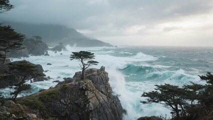 Fototapeta premium Rocky coastline with waves crashing against cliffs