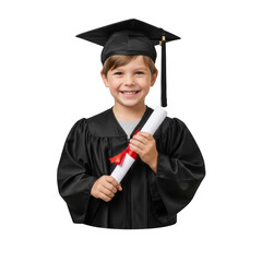 Joyful young student wearing a graduation cap and gown holding a diploma signifying academic achievement isolated on transparent background