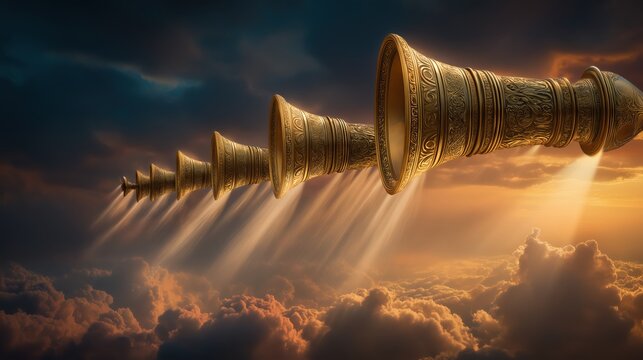 The seven trumpets of Revelation. Majestic golden trumpets glowing in the heavens, symbol of divine judgment, prophecy, and the glory of God.