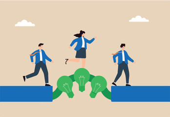 Flat illustration of employees assembling green lightbulb bridge to connect corporate departments on sustainability plan
