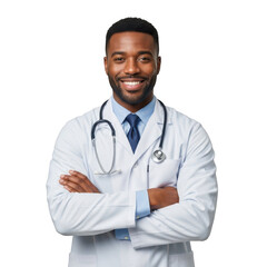 Smiling african american male doctor wearing a white lab coat and stethoscope with arms crossed isolated on transparent background