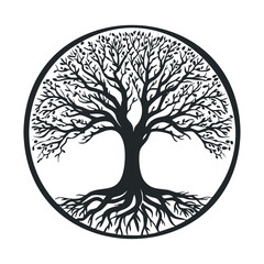 Elegant tree design with intricate branches and deep roots. Vector black icon