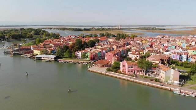 Aerial view of the colorful houses in burano, italy on a sunny day