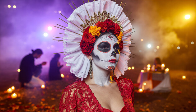 Hyperrealistic painting of a woman with Catrina makeup and an ornate headdress, during a Day of the Dead ritual.