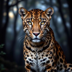 Naklejka premium Majestic Leopard Staring Intently Amidst Dense Jungle Environment