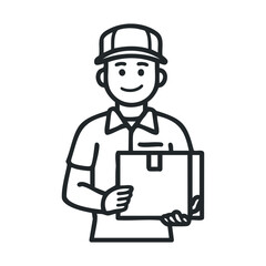 Obraz premium Delivery service representative holding package in uniform attire. Vector black icon