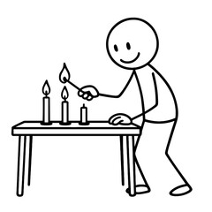 Fototapeta premium Stick figure lighting candles on a table with a match 