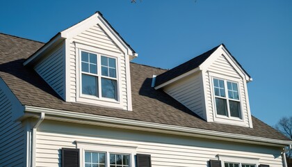 Obraz premium Newly constructed house exterior in Brighton, Massachusetts features dormer windows on sloped shingle roof. White siding, trim complement classic American architecture. Clear blue sky background