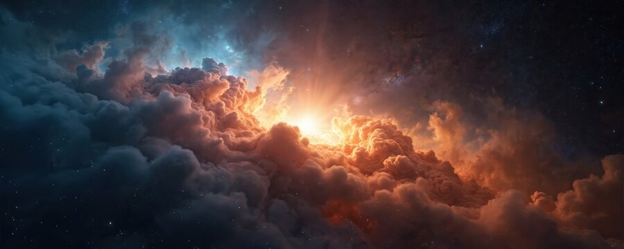Vibrant colourful nebula fills deep space with glowing gas clouds. Swirling cosmic dust illuminated by bright sunlight creates awe inspiring panorama. Distant stars twinkle in dark universe,