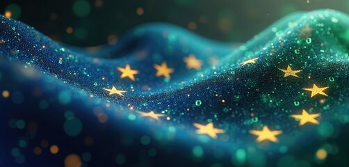 Abstract illustration of EU digital sovereignty, data security, governance. Wavy fabric texture in deep blue, green hues features golden stars, glittering digital particles. Technology,