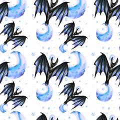 Calm seamless pattern with black bats and blue crescent moons suitable for serene Halloween designs or textiles
