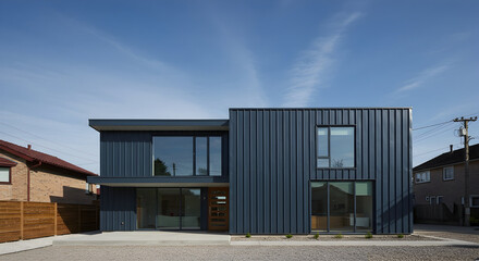 A house with a facade of vertical metal panels