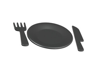 Black fork and knife with plate 3d cutlery set icon 