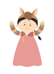 Cute girl in Korean clothes hanbok in horse hat character isolated. Hand drawn cartoon vector illustration. Flat design. Seollal holiday card, poster, banner element
