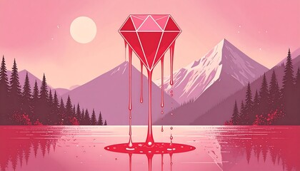 Melted Red Diamond over Serene Mountain Lake