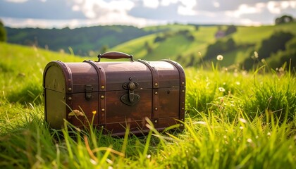Wooden treasure chest in grassy field