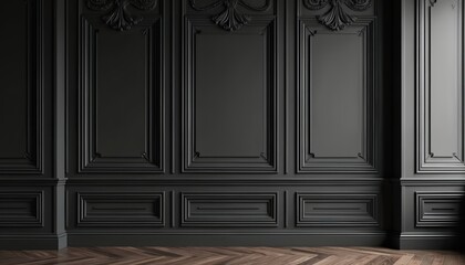 Elegant black wall paneling features deep symmetrical recesses, geometric flourishes. Dark, sophisticated interior design with refined details. Textured wood floor complements luxurious, modern