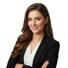 Professional businesswoman with long wavy brown hair smiling confidently with arms crossed isolated on transparent background