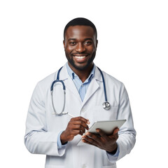 Smiling black male physician wearing a white lab coat and stethoscope holding a tablet computer isolated on transparent background