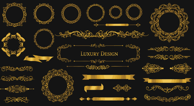 A collection of ornate gold decorative elements and borders on a black background, featuring intricate scrollwork and circular frames, suitable for luxury design.