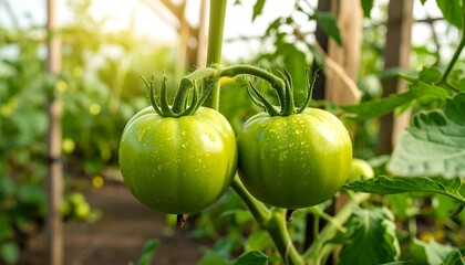 Two green tomatoes on a vine