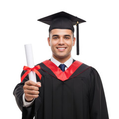 Smiling graduate student in academic regalia holding a diploma scroll with a red ribbon isolated on transparent background