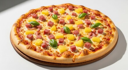 Delicious hawaiian pizza with pineapple and ham on wooden board