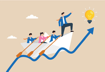 Flat illustration of business leader navigating paper boat with team on rising graph wave toward innovation and startup success