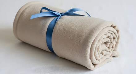 A soft beige throw blanket, neatly rolled and tied with a decorative blue satin ribbon, presented as a gift.