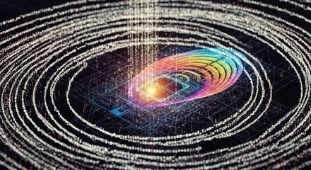 Interwoven digital pathways converge, revealing an energetic core of rainbow spectrum data streams