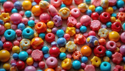 Assortment of colorful beads, including round, uniquely shaped pieces in vibrant shades of pink, blue, orange, yellow, red. Beads feature glossy finish, varying sizes, perfect for jewelry making