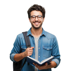 Smiling young man with glasses and backpack holding an open book isolated on transparent background