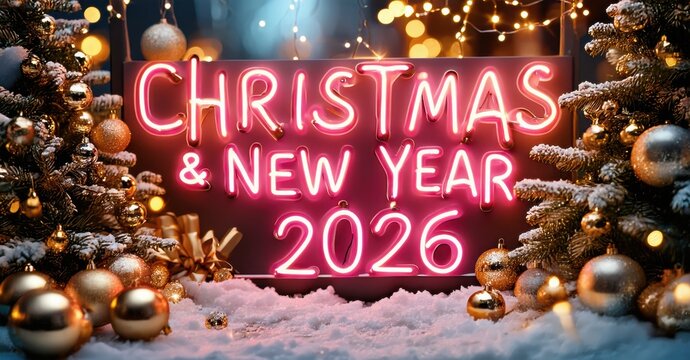 Festive scene displays bright neon sign reading Christmas New Year 2026. Snow covered branches surround glowing lights, ornaments.