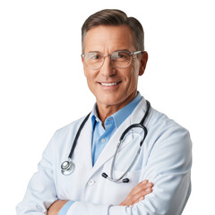 Smiling middle aged male physician wearing a white lab coat and stethoscope with arms crossed isolated on transparent background