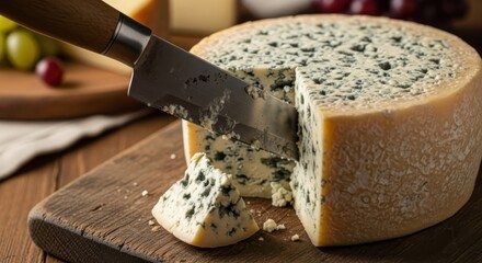 Artisanal blue cheese wheel being cut with a knife on a wooden board preparation delicacy